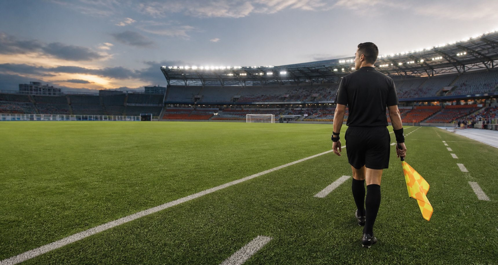 Un árbitro asistente entra a la cancha antes del partido